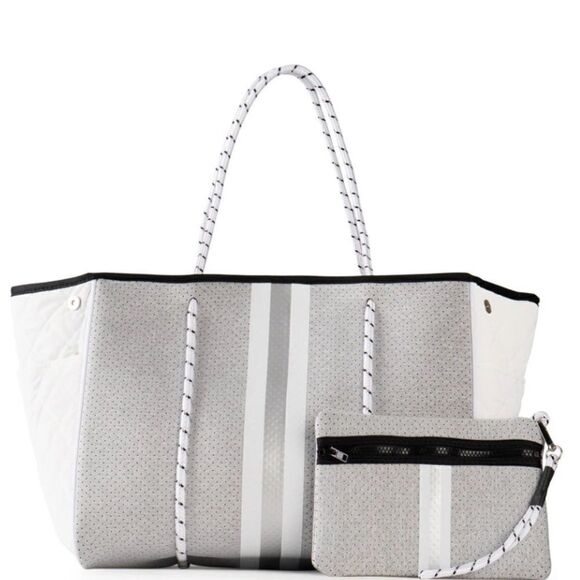 White and Gray Tote Bag - Neoprene Washable Tote with Pouch - BRAND NEW - Picture 10 of 10